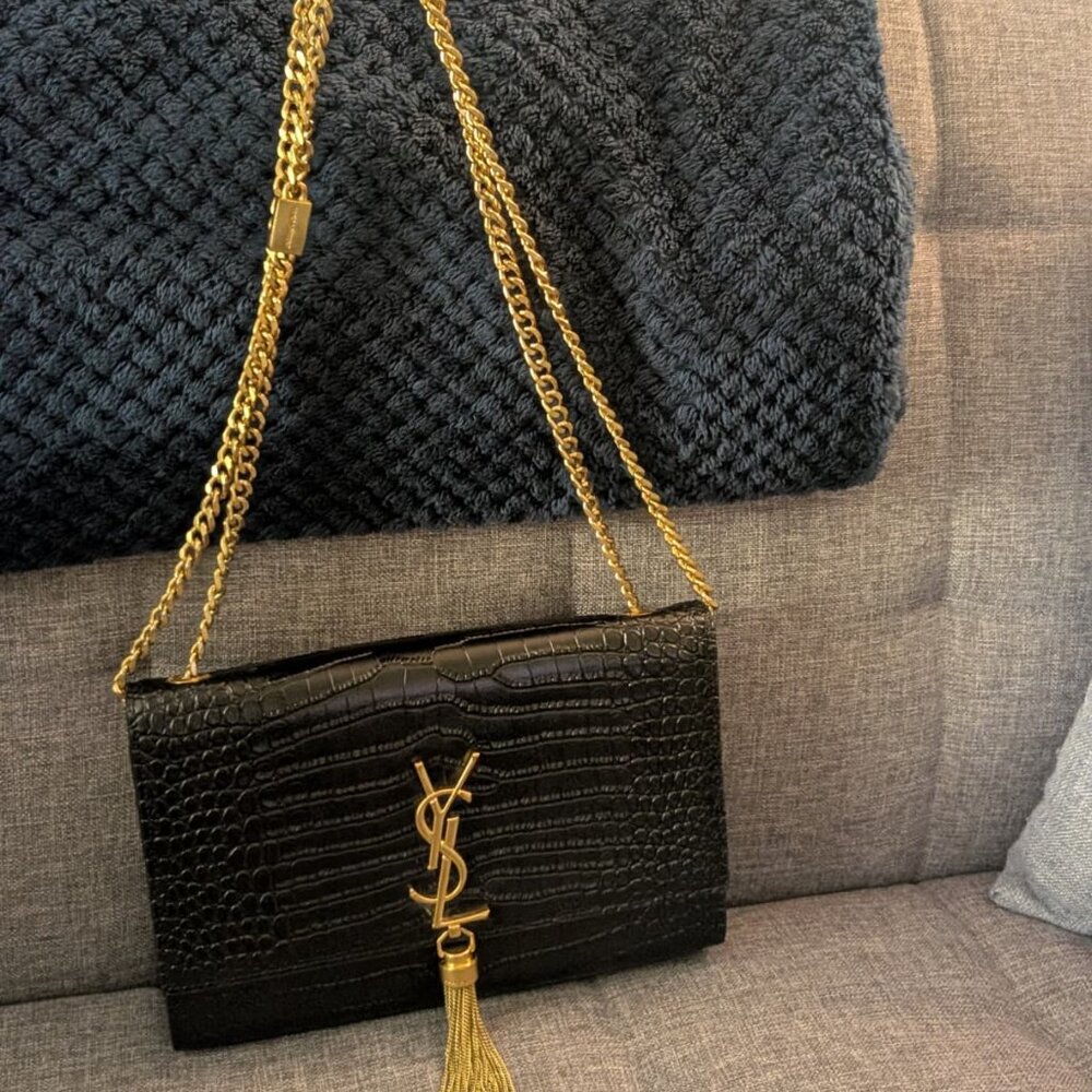 Saint Laurent YSL Kate Tassel Chain Clutch Black Croc Embossed Gold Hardware